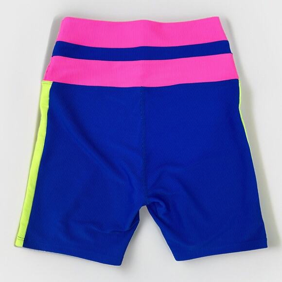 Beach Riot SPORT Biker Short MED Colorblock Neon Pink Yellow Blue USA Ribbed EUC - Picture 2 of 6